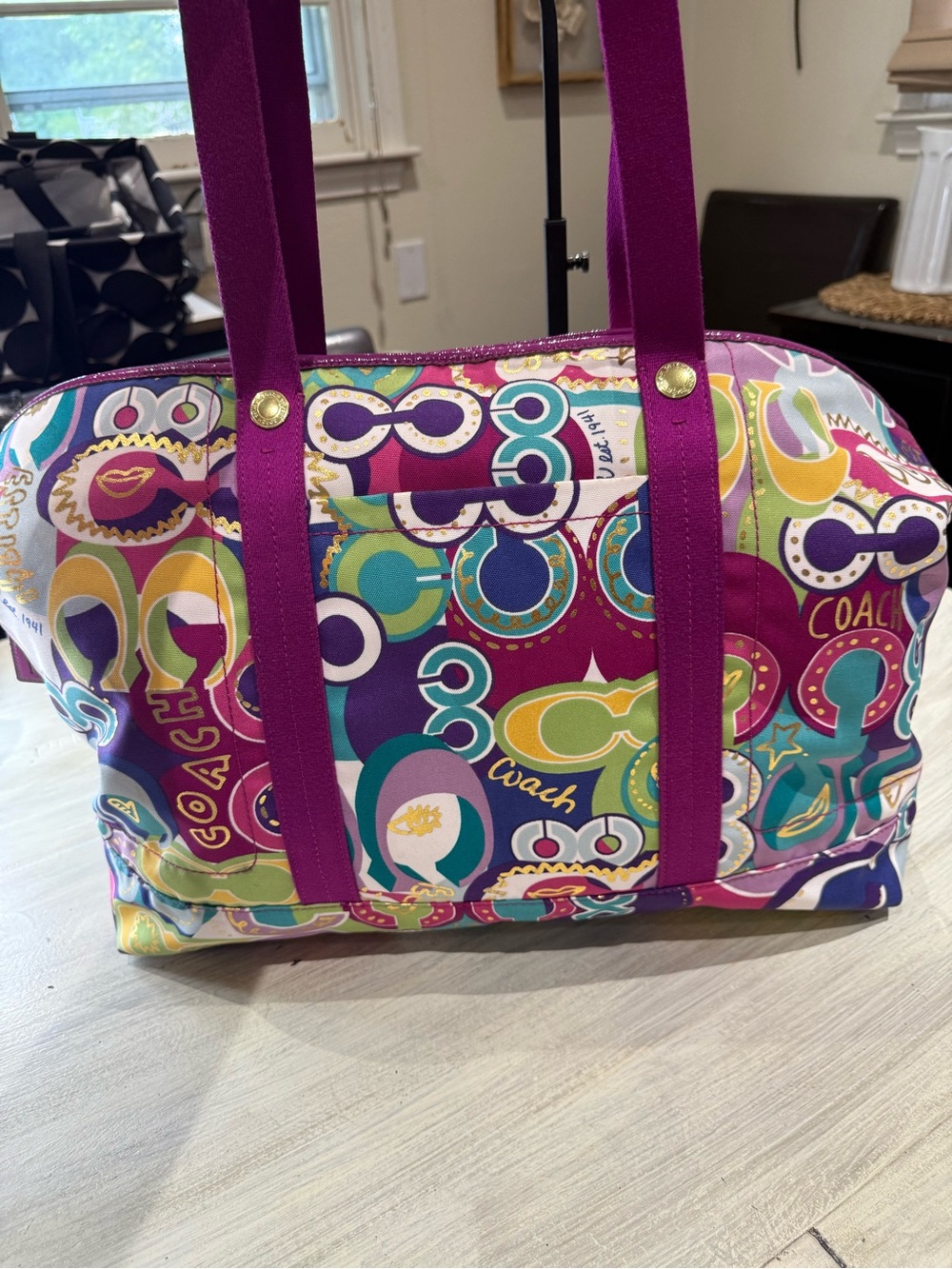 Coach Multicolor Poppy Graffiti Signature Weekend Tote with Fuchsia Straps-NWOT - Picture 9 of 16